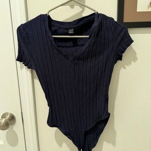 SHEIN Navy Ribbed V-Neck Bodysuit
